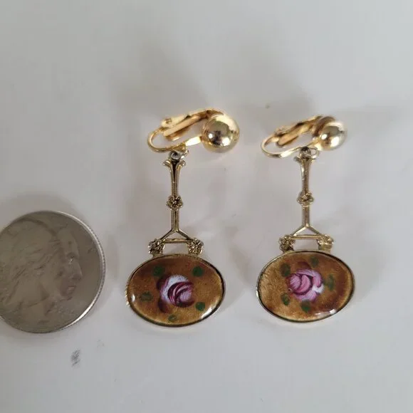 Art Noveau Cloissone Floral Dangle Drop Earrings Gold Tone - Picture 10 of 10